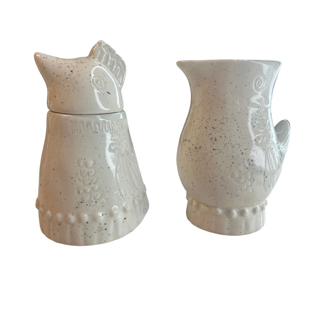 Anthropologie Speckled Ceramic Hen Sugar Bowl Bird Creamer Pitcher Set Farmhouse